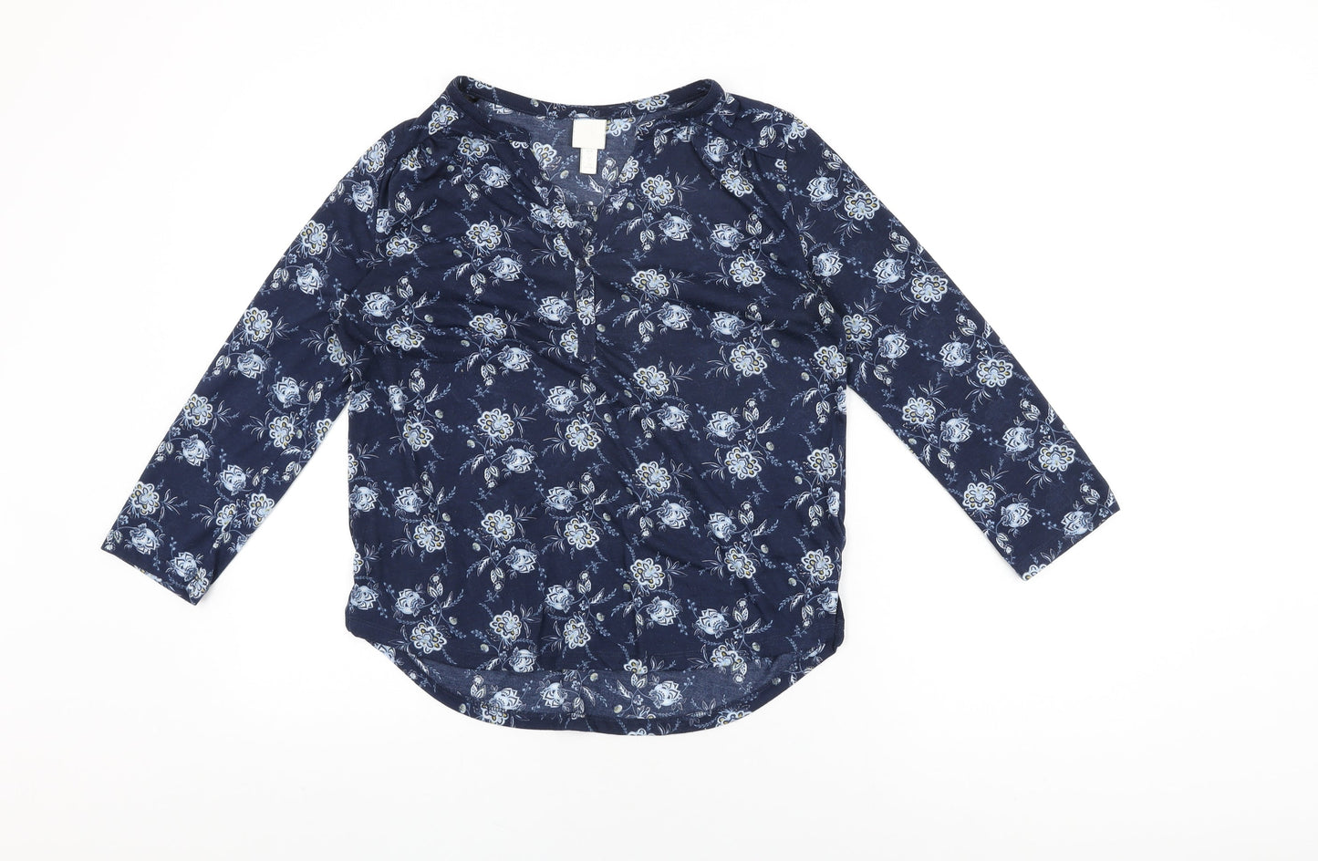 H&M Womens Blue Floral Polyester Basic T-Shirt Size S V-Neck