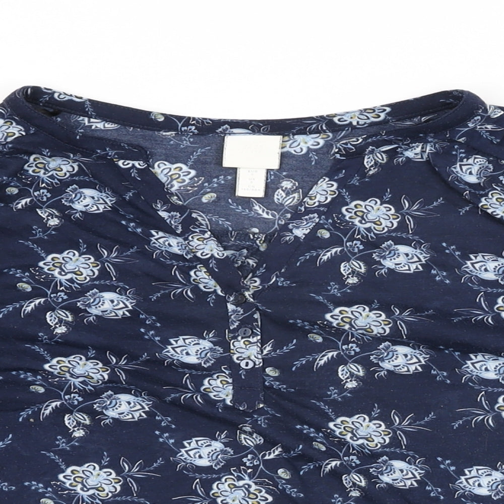 H&M Womens Blue Floral Polyester Basic T-Shirt Size S V-Neck