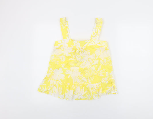Marks and Spencer Womens Yellow Floral Cotton Basic T-Shirt Size 8 Square Neck