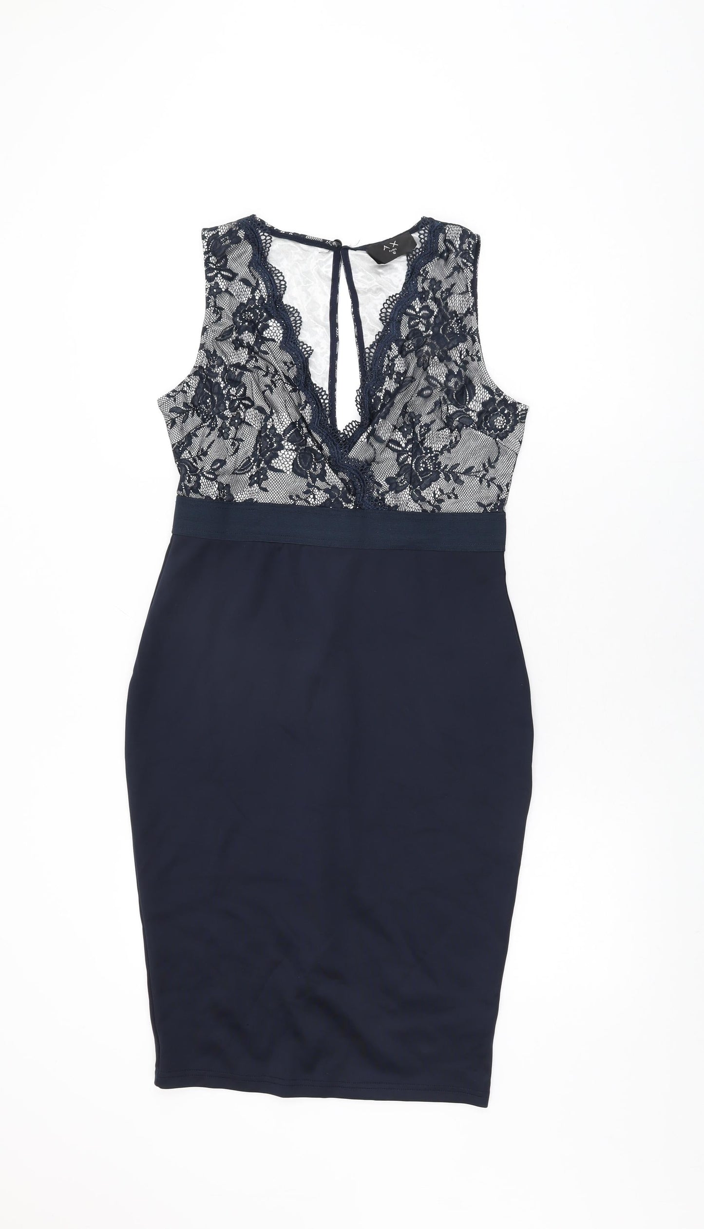 AX Paris Womens Blue Floral Polyester Bodycon Size 12 V-Neck Zip