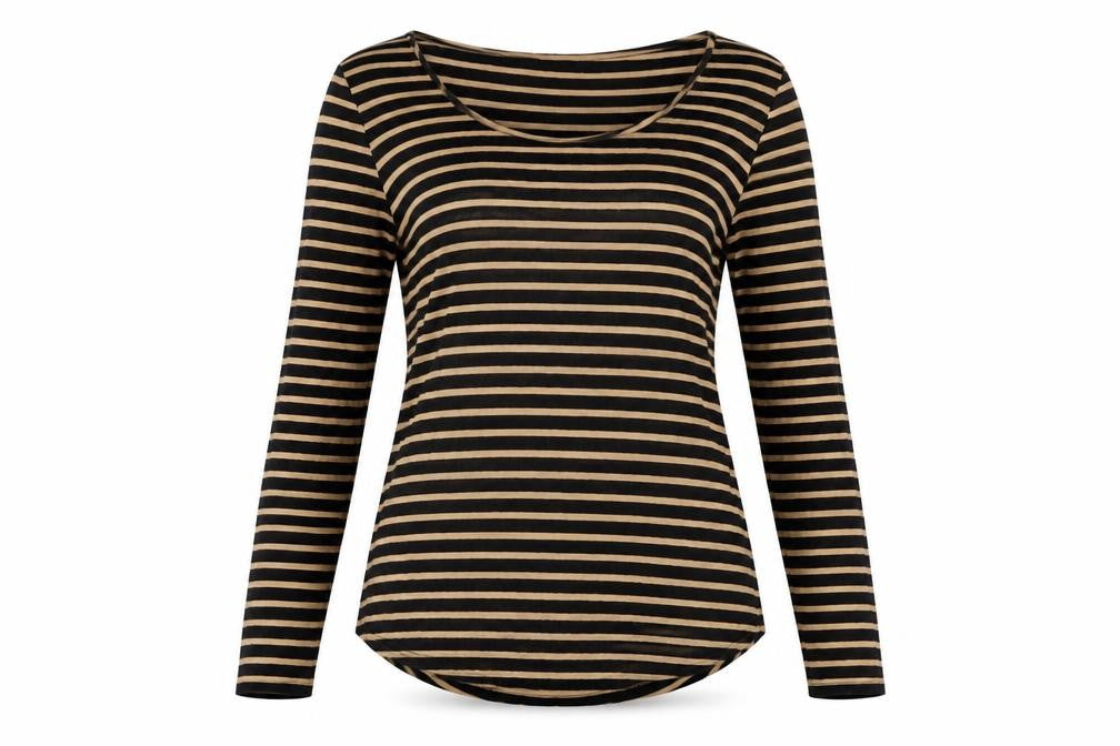 Marks & Spencer Womens Black Striped Acrylic Basic T-Shirt Size 8 Round Neck