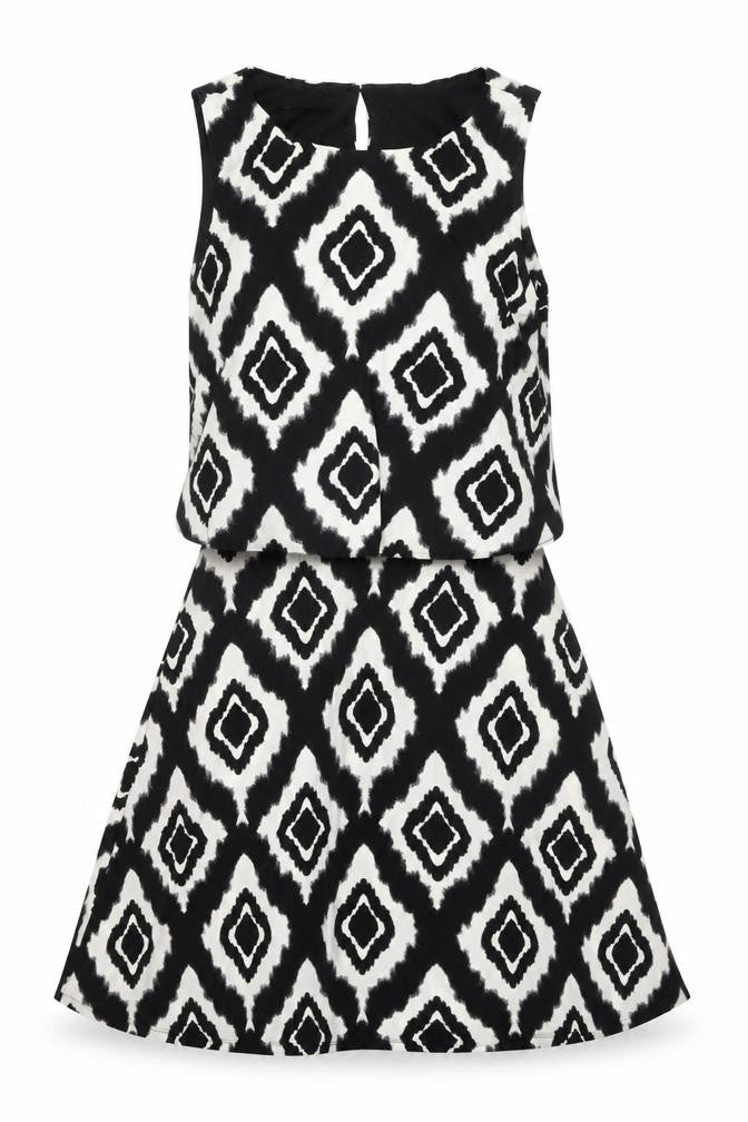 M&Co Womens White Geometric Polyester A-Line Size 10 Round Neck Button