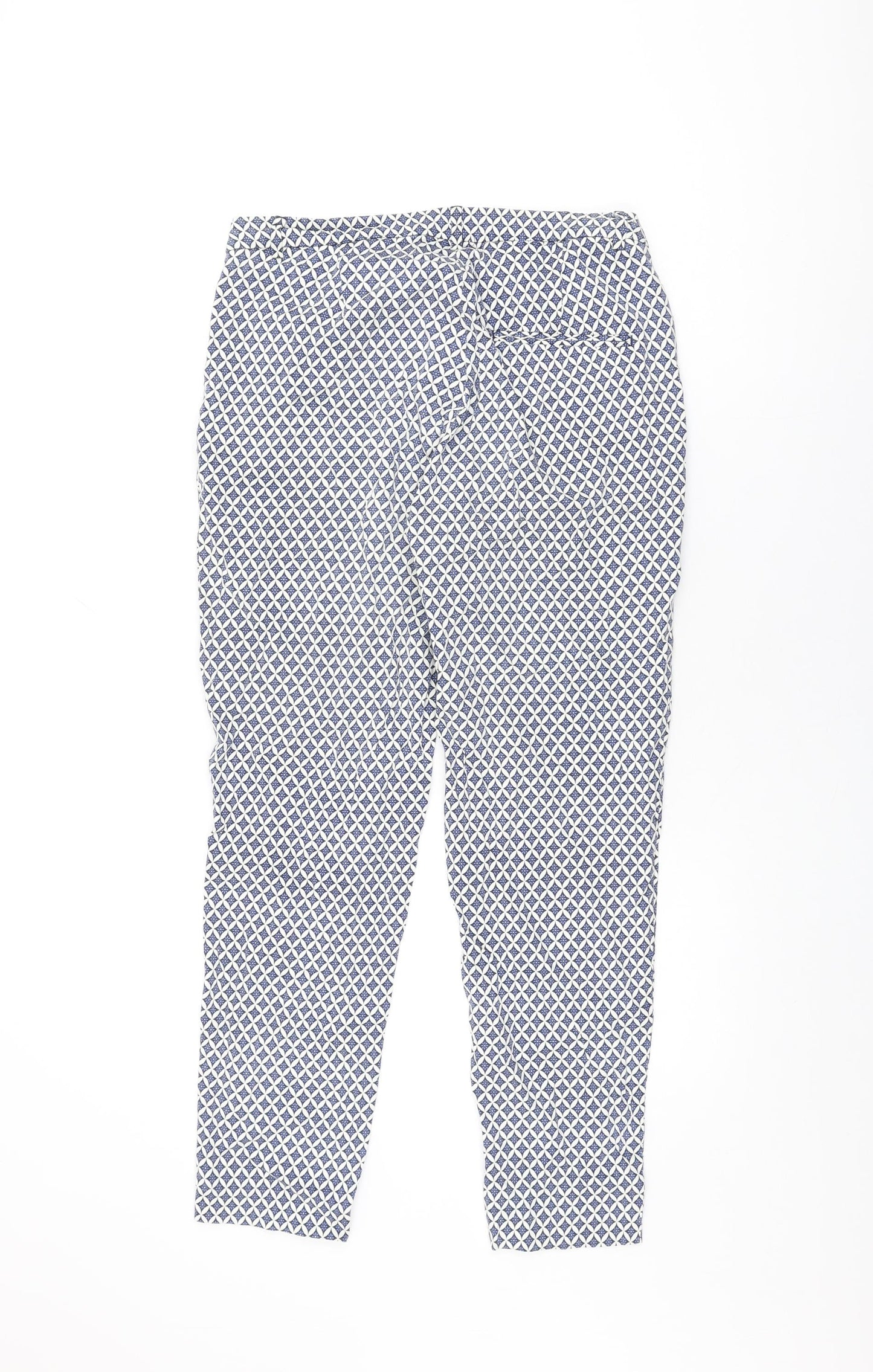 H&M Womens Blue Geometric Cotton Trousers Size 10 L27 in Regular Zip