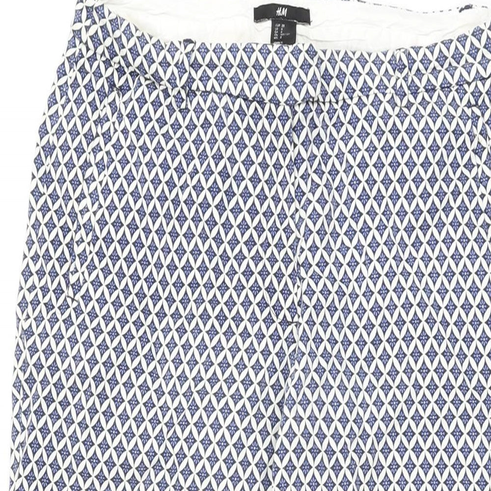 H&M Womens Blue Geometric Cotton Trousers Size 10 L27 in Regular Zip