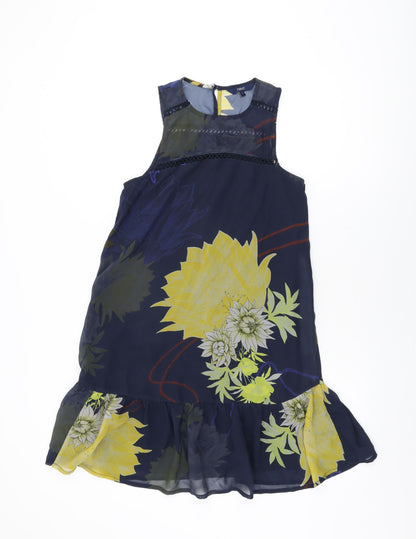 Next Womens Blue Floral Polyester Shift Size 6 Round Neck Button