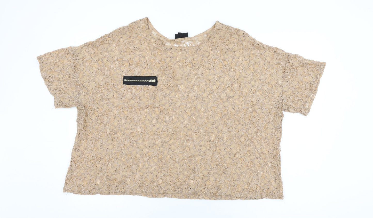 Topshop Womens Beige Floral Polyester Basic T-Shirt Size 16 Round Neck