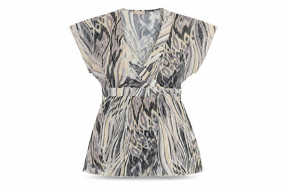 Front view of Soon women’s beige geometric polyester basic t-shirt, size UK 10, v-neck