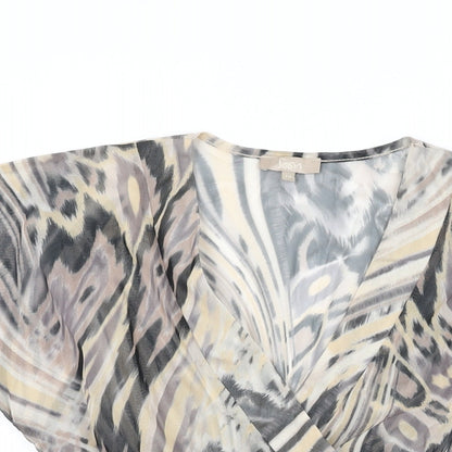 Close-up detail of Soon women’s beige geometric polyester basic t-shirt, size UK 10, v-neck