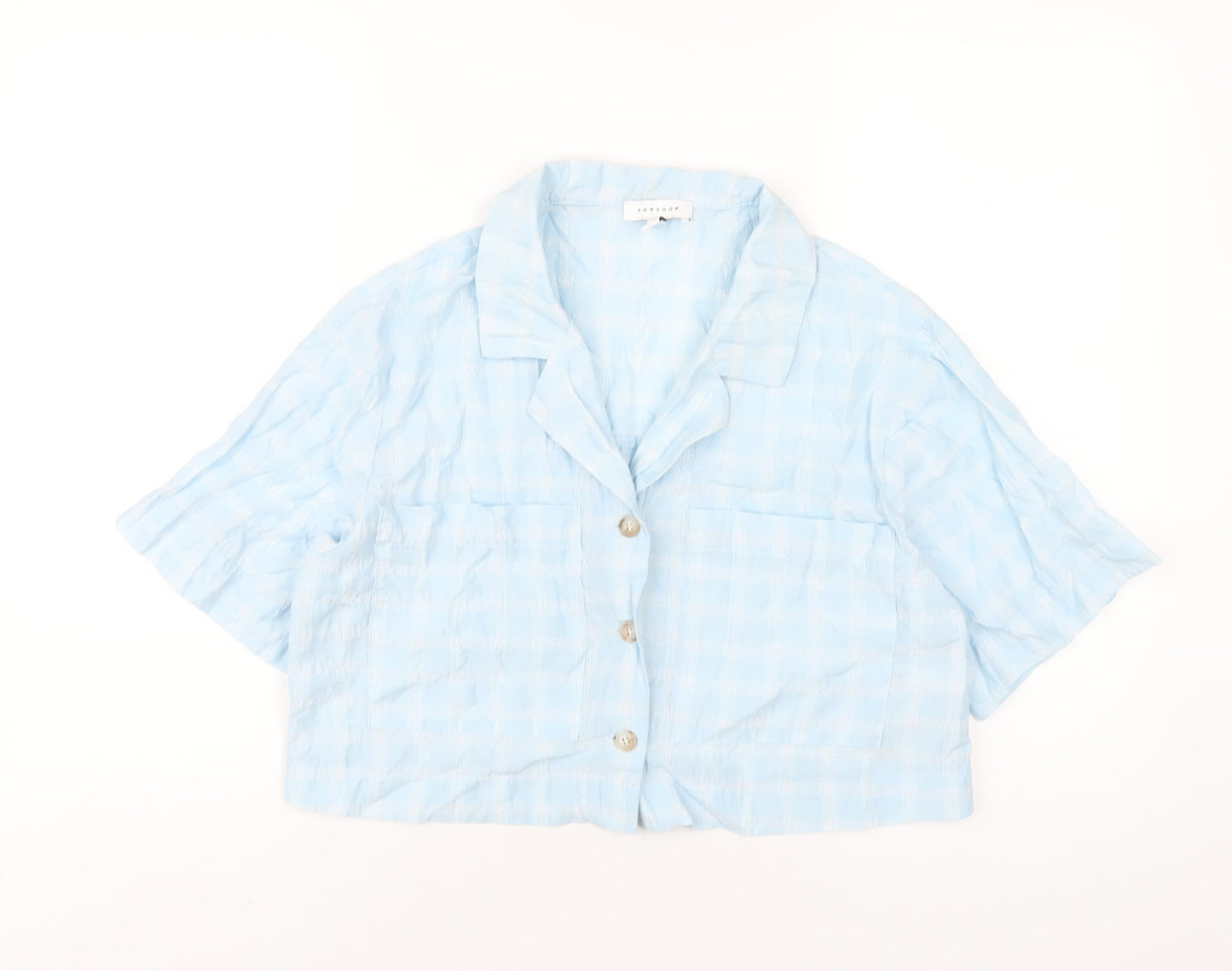Topshop Womens Blue Plaid Cotton Cropped Button-Up Size 12 Collared
