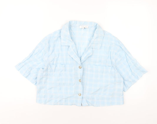 Topshop Womens Blue Plaid Cotton Cropped Button-Up Size 12 Collared