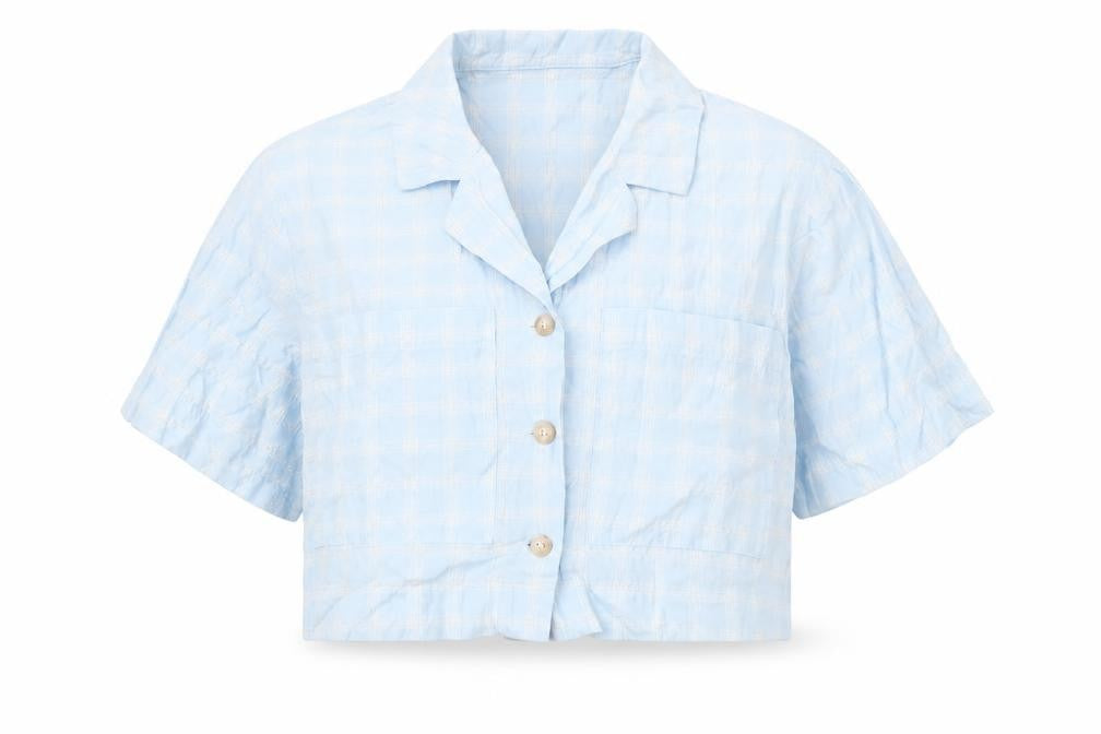 Topshop Womens Blue Plaid Cotton Cropped Button-Up Size 12 Collared