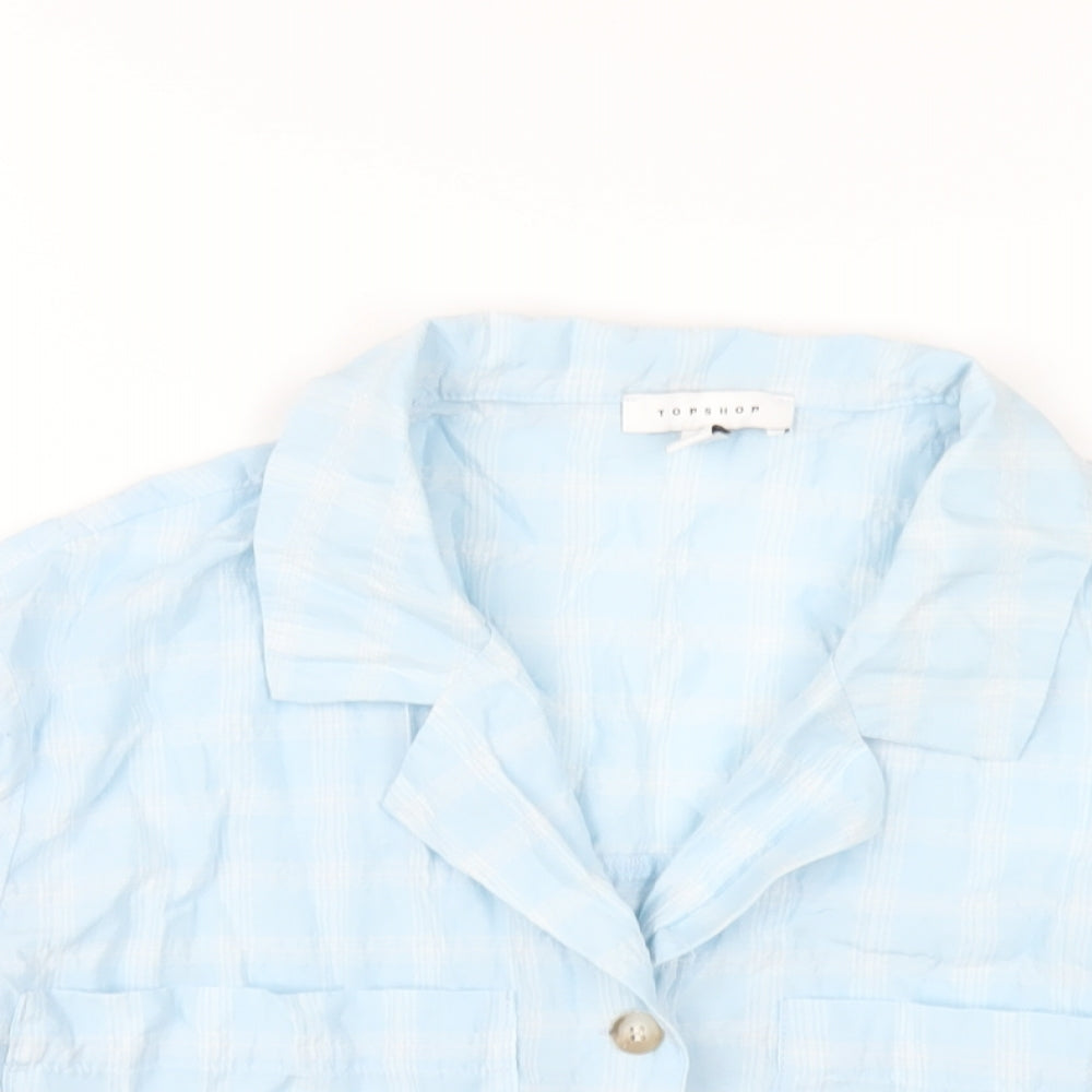 Topshop Womens Blue Plaid Cotton Cropped Button-Up Size 12 Collared
