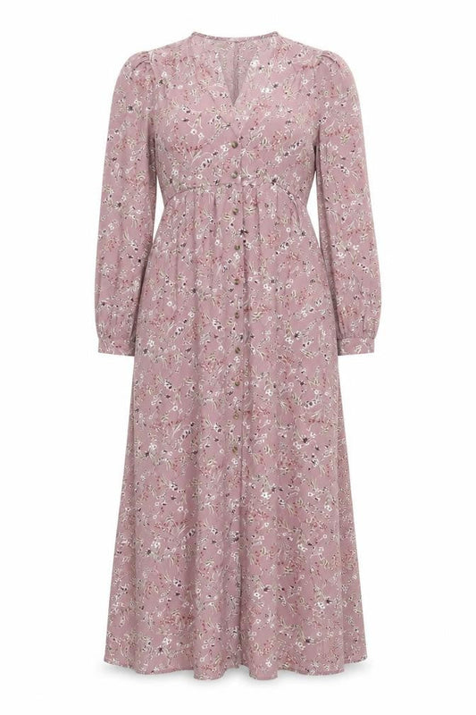 Front view of In the Style women’s pink floral polyester a-line, size UK 10, v-neck button