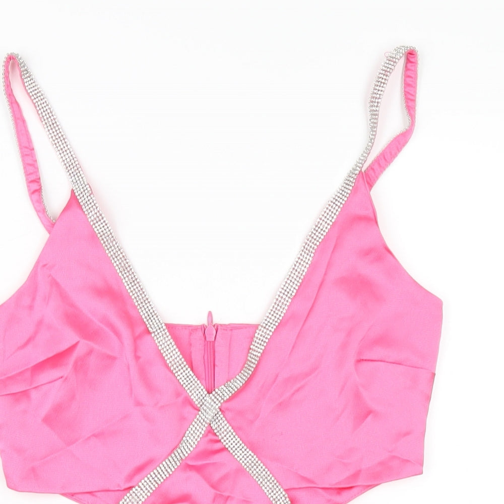Stradivarius Womens Pink Polyester A-Line Size S V-Neck Zip