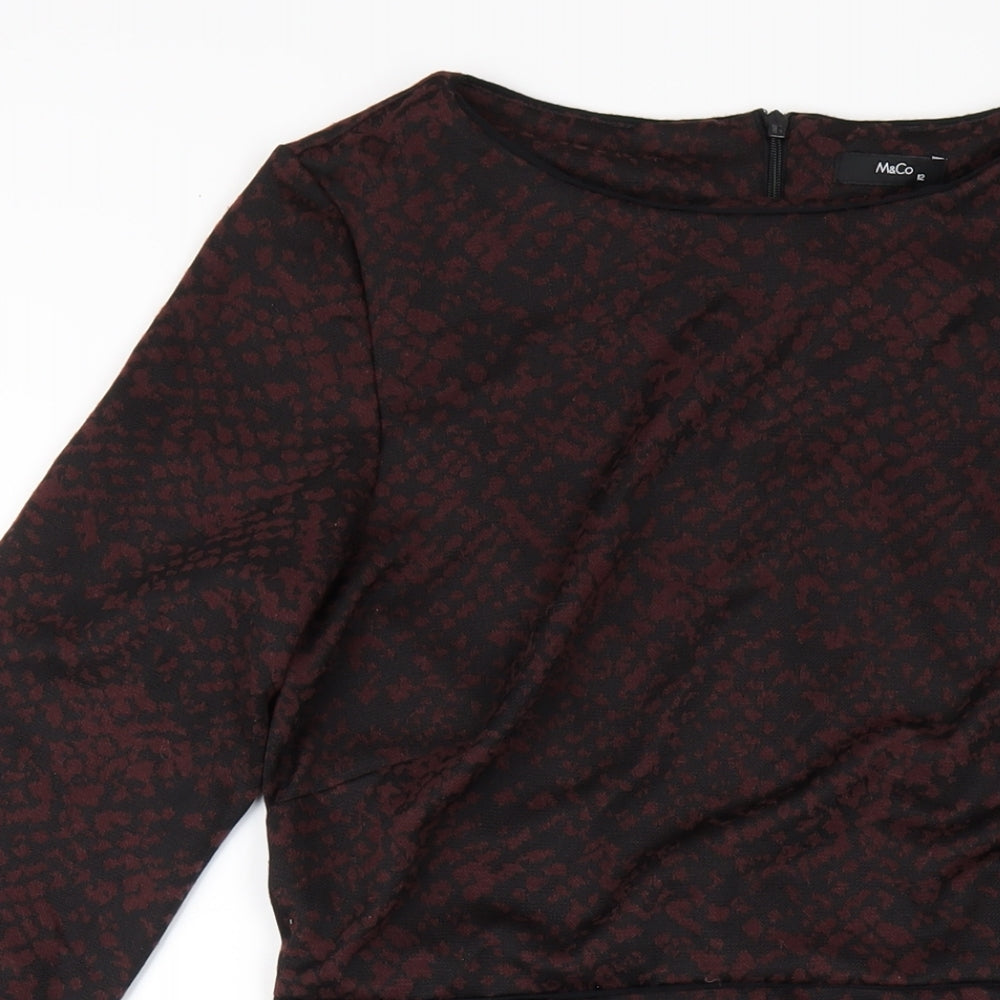 M&Co Womens Red Geometric Polyester A-Line Size 12 Round Neck Zip