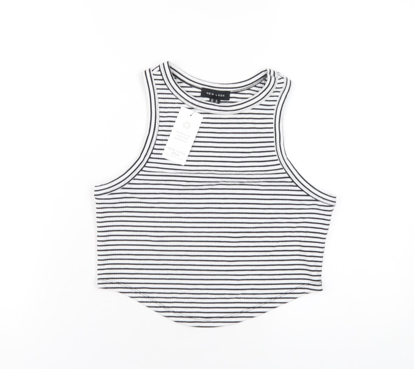 New Look Womens White Striped Polyester Cropped Tank Size 12 Round Neck