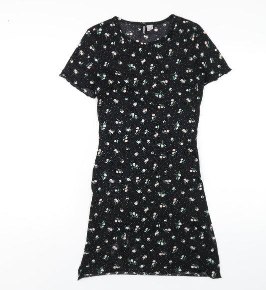 H&M Womens Black Floral Polyester Bodycon Size S Round Neck Pullover