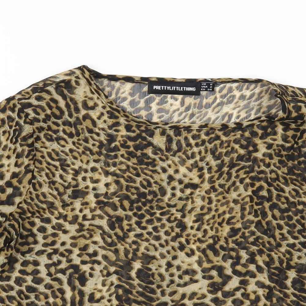 PRETTYLITTLETHING Womens Brown Animal Print Polyester Basic T-Shirt Size 6 Round Neck