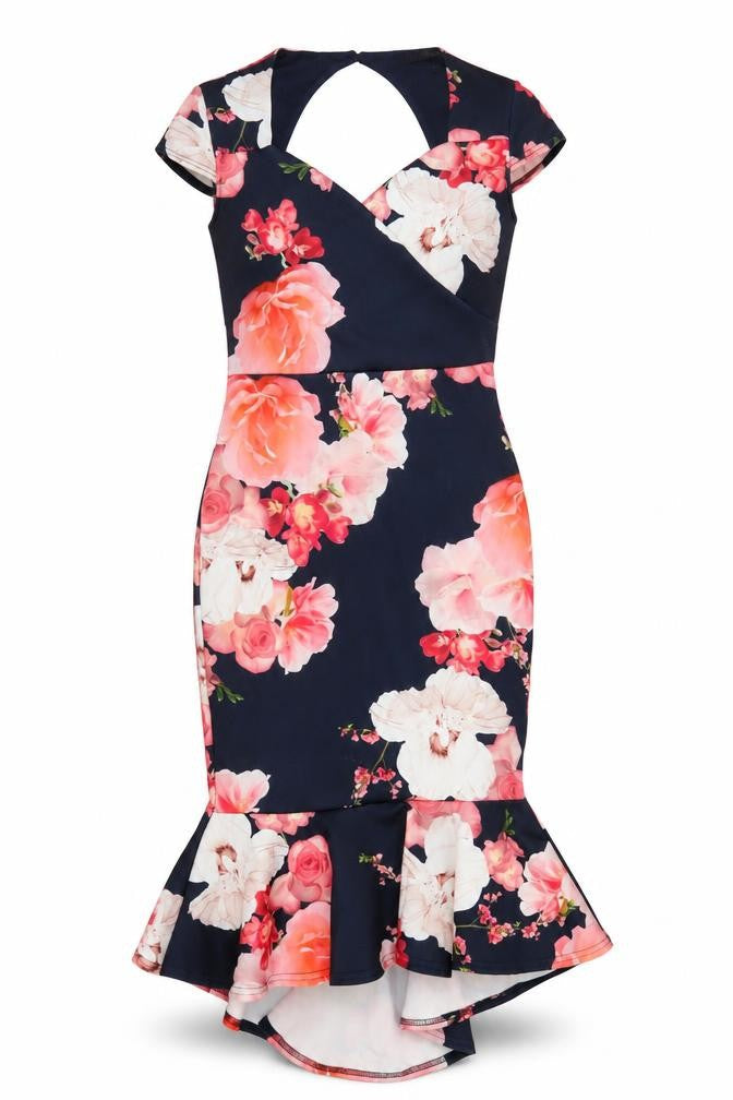 Quiz Womens Blue Floral Polyester Mermaid Size 10 V-Neck Button