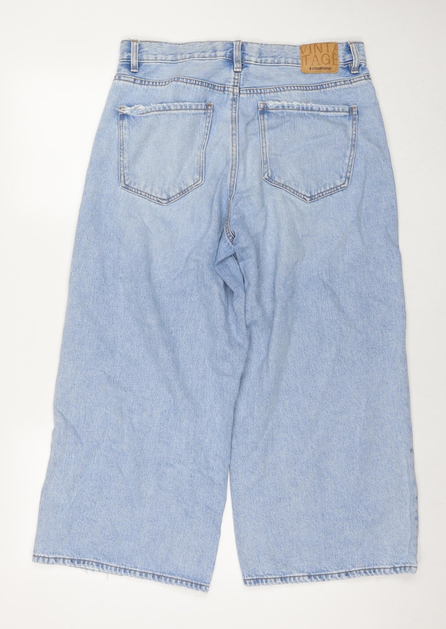 Stradivarius Womens Blue Cotton Blend Wide-Leg Jeans Size 14 L24 in Regular Zip