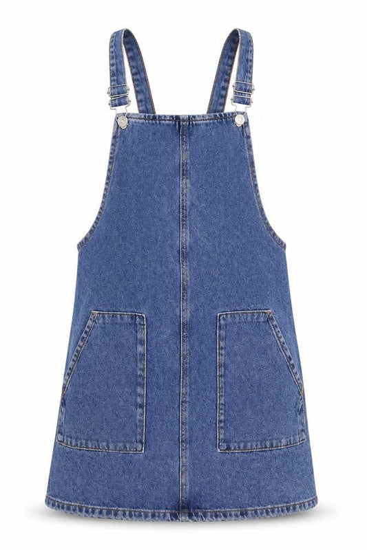 Topshop Womens Blue Cotton Pinafore/Dungaree Dress Size 10 Square Neck Button
