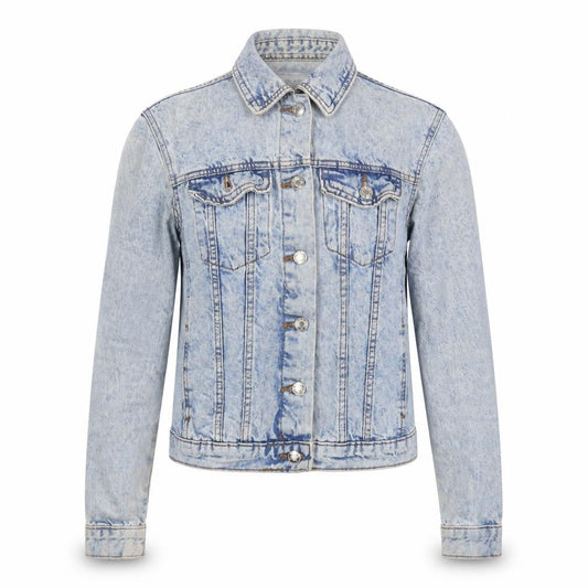 Front view of Denim & Co. women’s blue jacket, size UK 8, button