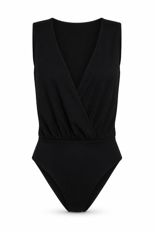 Front view of Miss Selfridge women’s black polyester bodysuit one-piece, size UK 4, snap