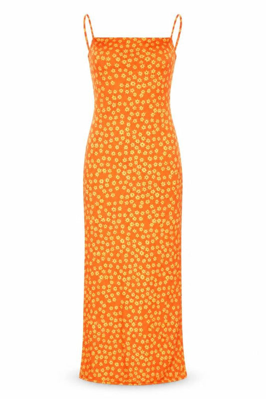 Katch Me Womens Orange Floral Polyester Maxi Size L Square Neck Pullover