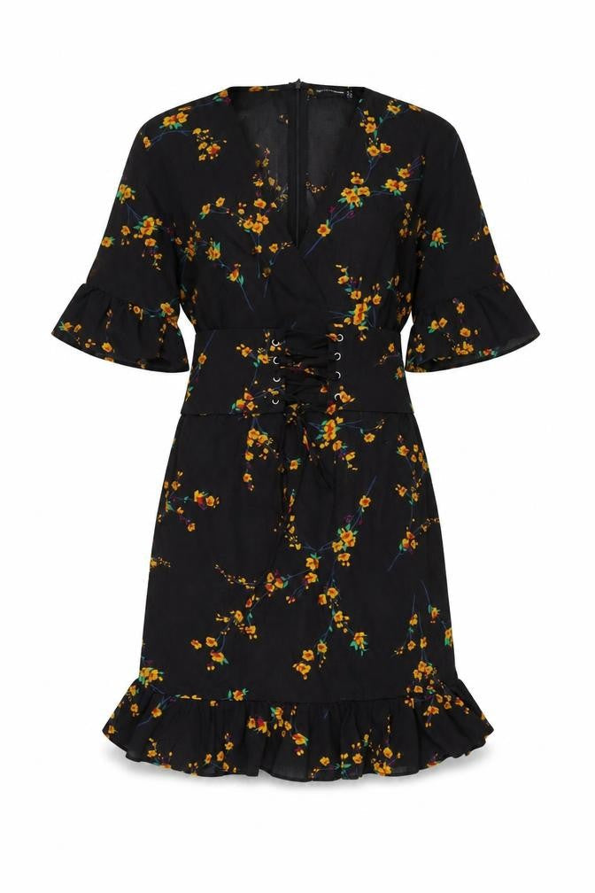 PRETTYLITTLETHING Womens Black Floral Polyester Mini Size 10 V-Neck Zip