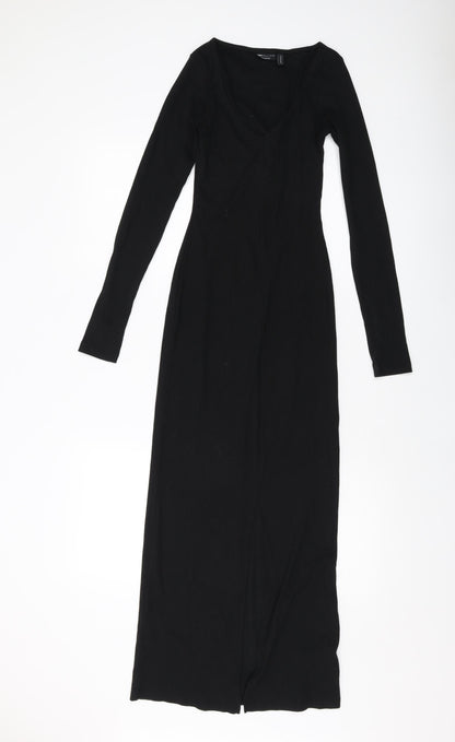 Additional front view of ASOS women’s black polyester bodycon, size UK 8, v-neck pullover