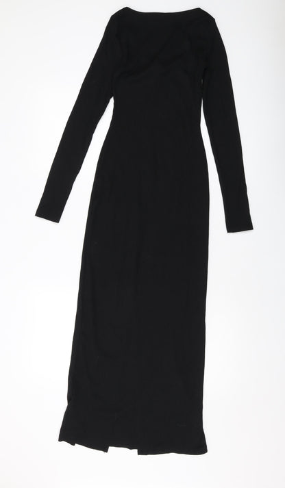 Back view of ASOS women’s black polyester bodycon, size UK 8, v-neck pullover