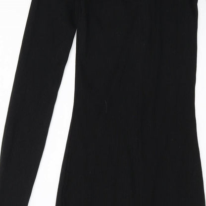 Close-up detail of ASOS women’s black polyester bodycon, size UK 8, v-neck pullover