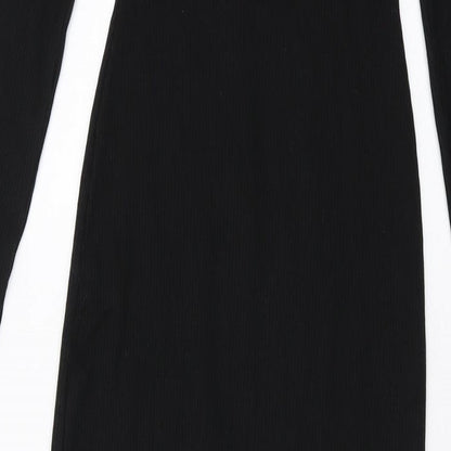 Brand and care label for ASOS women’s black polyester bodycon, size UK 8, v-neck pullover
