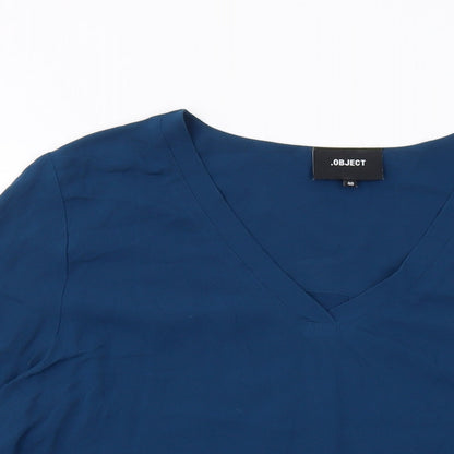 Close-up detail of Object women’s blue viscose basic blouse, size UK 12, v-neck