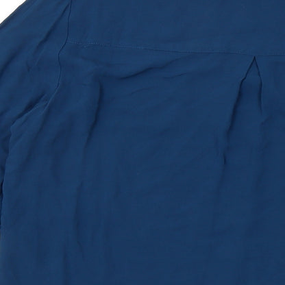 Brand and care label for Object women’s blue viscose basic blouse, size UK 12, v-neck