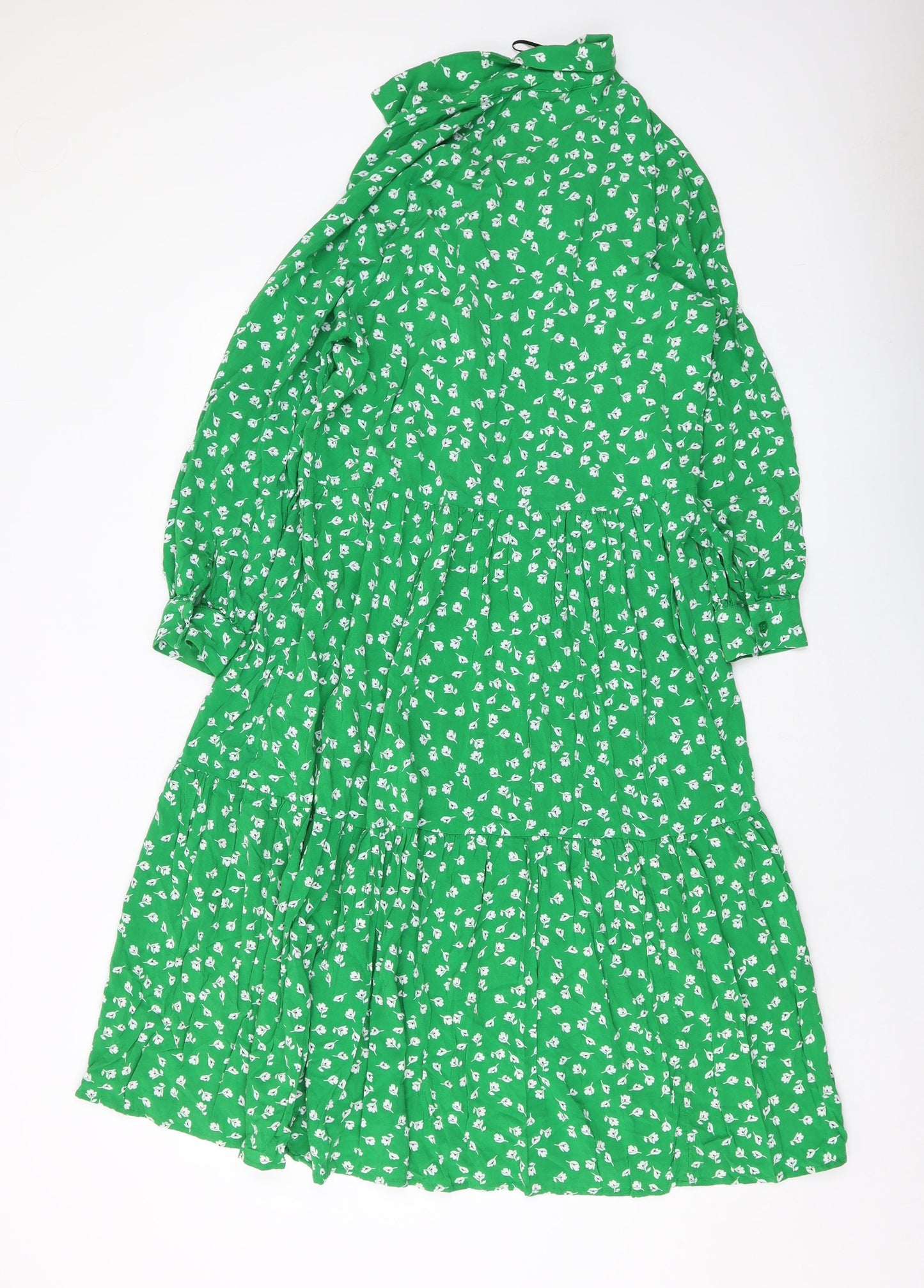 H&M Womens Green Geometric Viscose A-Line Size XS Collared Button