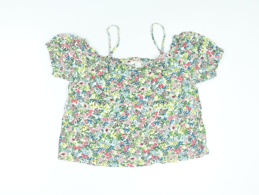 H&M Womens Multicoloured Floral Cotton Basic Blouse Size S Square Neck