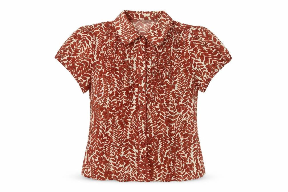 Mia Moda Womens Brown Geometric Polyester Basic Blouse Size 14 Collared