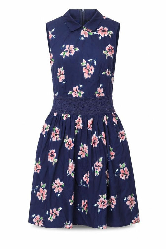 New Look Womens Blue Floral Polyester A-Line Size 8 Collared Zip