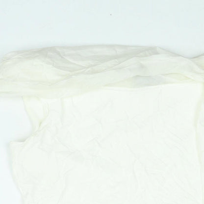 Close-up detail of Principles women’s white viscose basic blouse, size UK 14, boat neck - tie