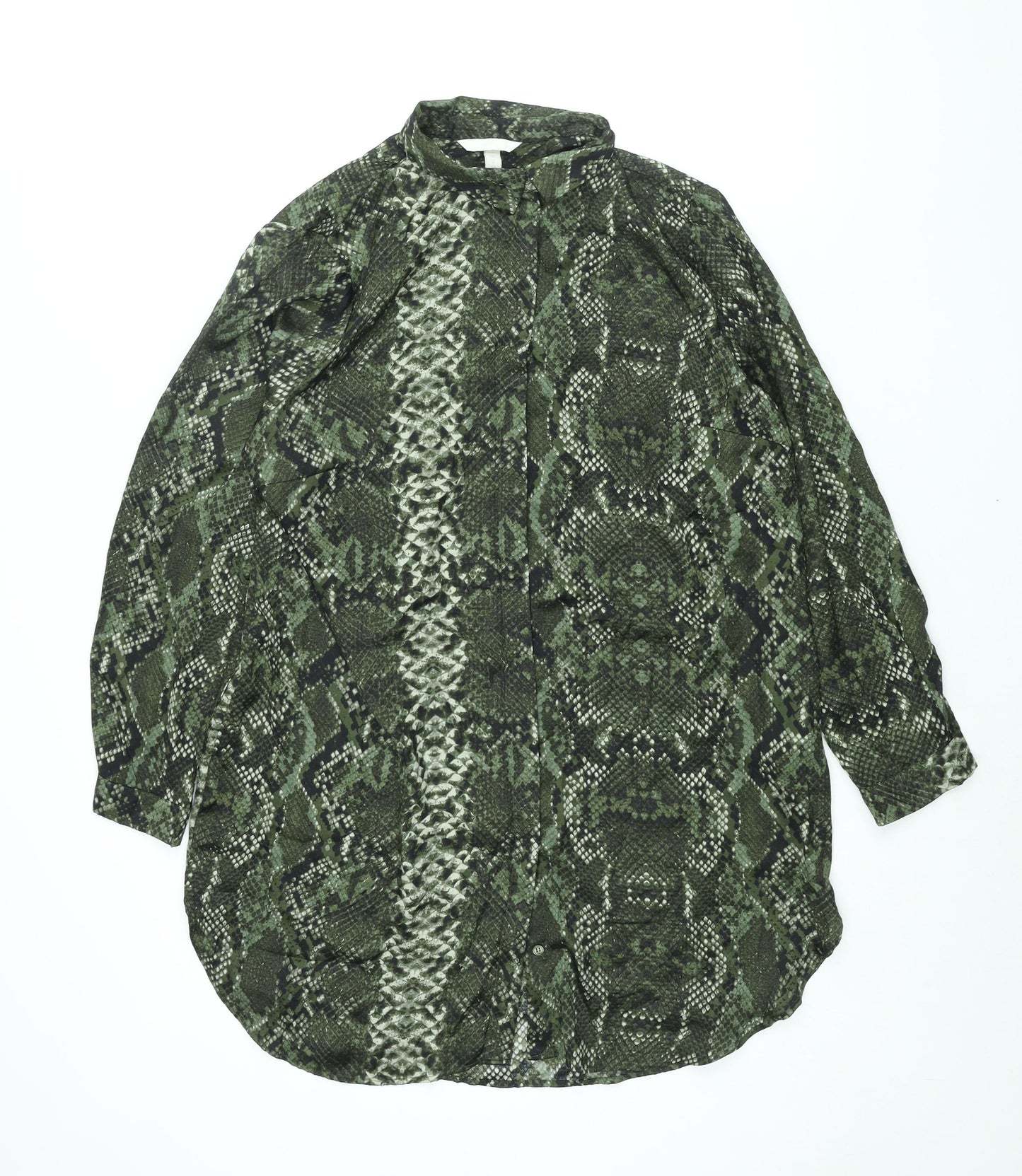 H&M Womens Green Animal Print Polyester Shirt Dress Size 16 Collared Button - Snakeskin Print