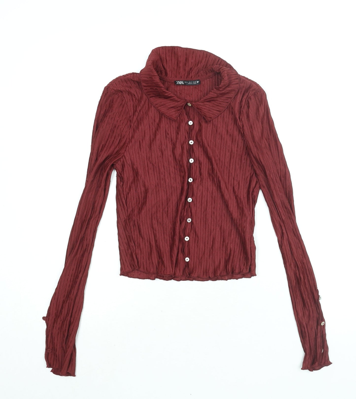 Zara Womens Red Polyester Basic Button-Up Size S Collared