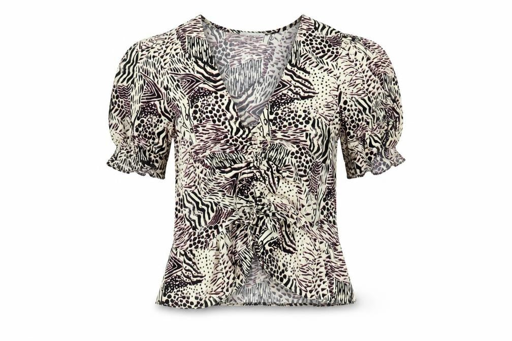 Topshop Womens Multicoloured Geometric Polyester Basic Blouse Size 8 V-Neck - Drawstring Detail
