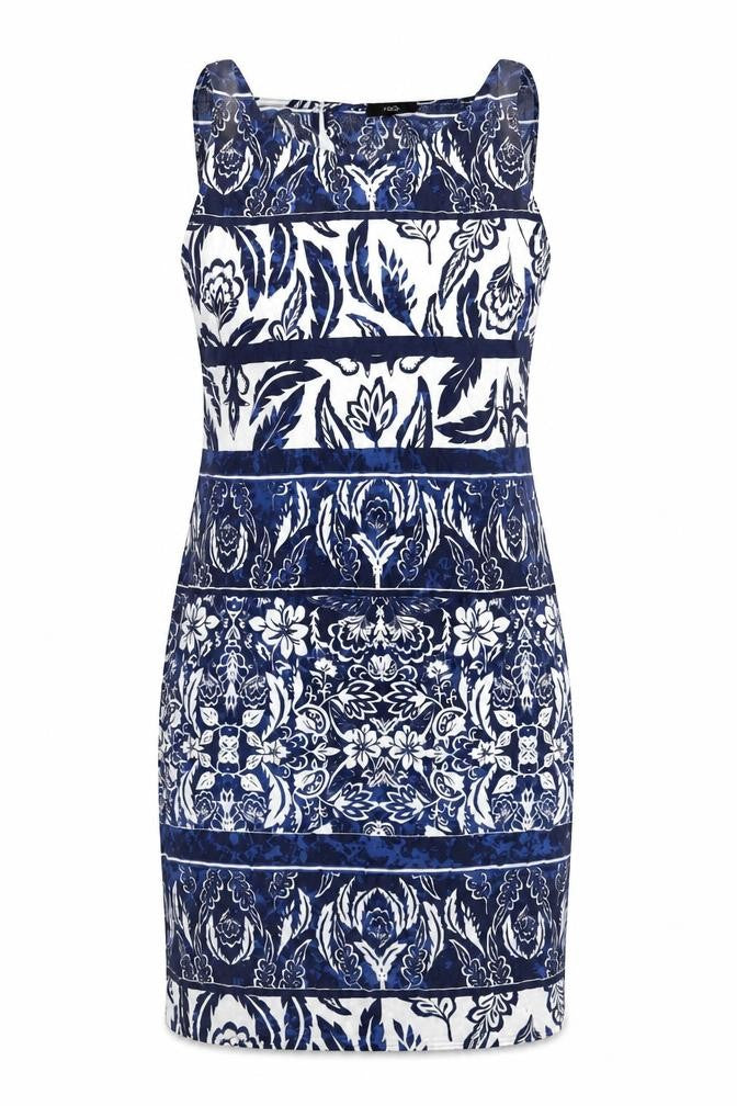 M&Co Womens Blue Geometric Viscose Sheath Size 12 Round Neck Button