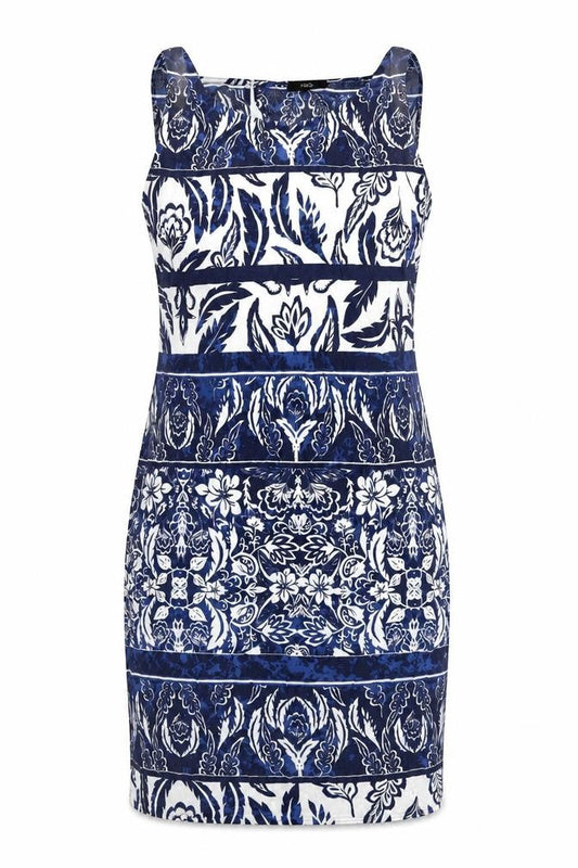 M&Co Womens Blue Geometric Viscose Sheath Size 12 Round Neck Button