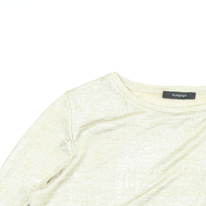 Close-up detail of Autograph women’s gold polyester basic blouse, size UK 12, round neck