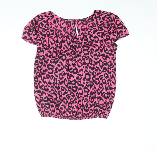 River Island Womens Pink Animal Print Polyester Basic Blouse Size 14 Round Neck - Leopard Print