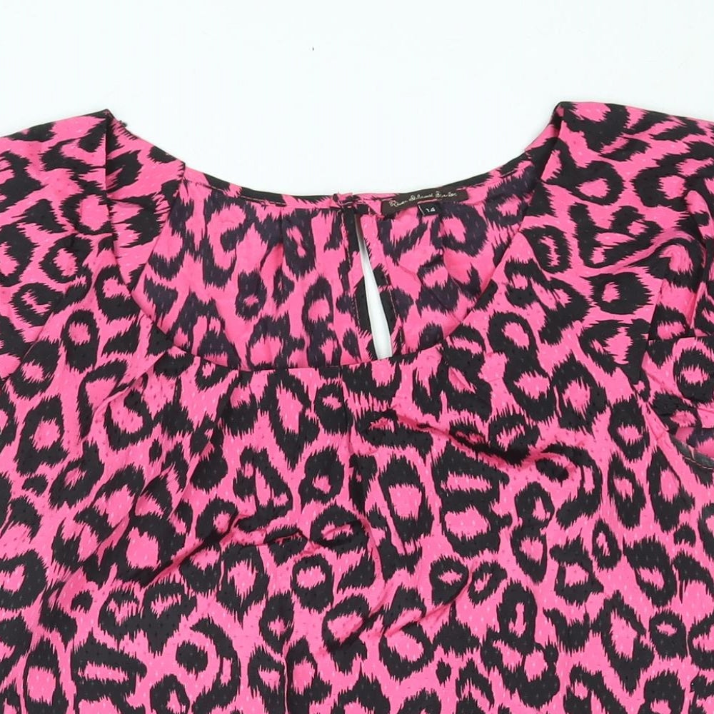 River Island Womens Pink Animal Print Polyester Basic Blouse Size 14 Round Neck - Leopard Print