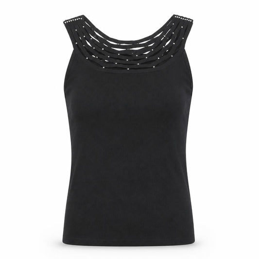 Front view of Roman women’s black round neck viscose vest jumper, size M, - rhinestone detail