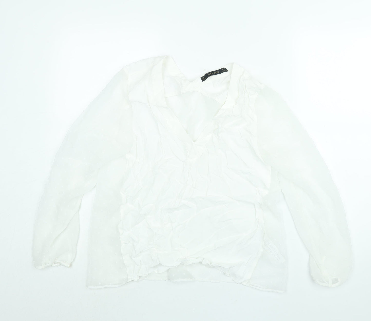 Zara Womens White Polyester Basic Blouse Size L V-Neck - Semi Sheer
